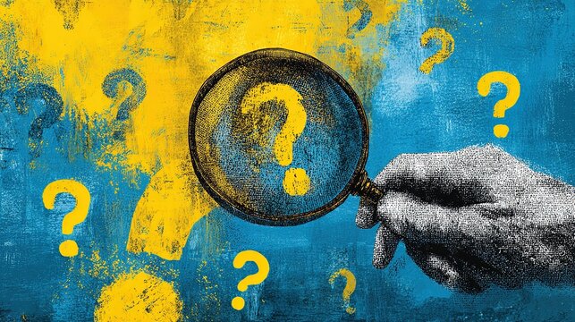 Vibrant blue background graphic illustration, grayscale textured hand holding framed magnifying glass with large yellow question mark inside lens, scattered small question marks for inquiry and resear