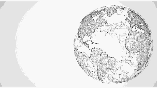 Abstract wireframe globe with interconnected dots and lines on a clean white background, symbolizing global network, technology, data, and communication.