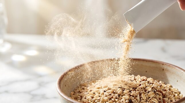 Digestive enzymes powder sprinkled over mixed grains in bowl