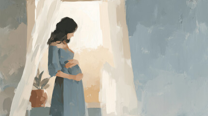 Obraz premium An oil painting of a pregnant woman tenderly stroking her belly in a room / 部屋の中で愛おしそうにお腹を撫でる妊婦の油彩イラスト