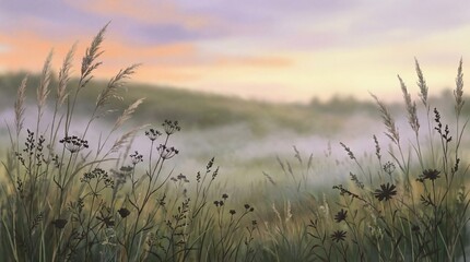 Naklejka premium Serene misty meadow with tall grass wildflowers and dry plants at soft colorful sunrise foggy atmospheric nature landscape