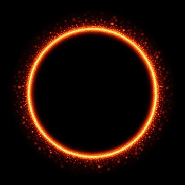 Glowing orange circular frame with sparkling edges on a dark background.