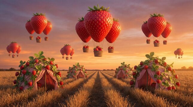 Surreal strawberry field with giant strawberry hot air balloons over pink tents at dramatic sunset whimsical fantasy landscape