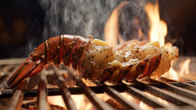 Succulent lobster tail grilling on a hot barbecue with open flames. 4K Video