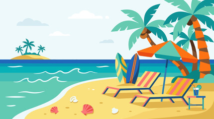 Obraz premium Beach chairs with colorful beach umbrella.