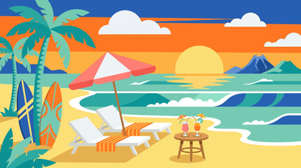 Obraz premium Beach chairs with umbrella and table.