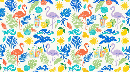 Colorful Flamingos in Tropical Pattern. © Ariya