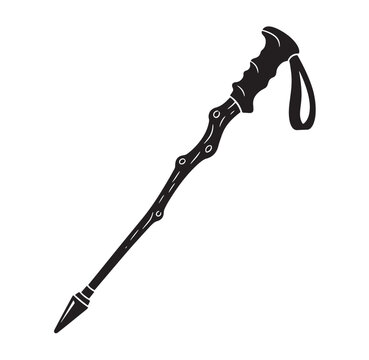 Rustic gnarled walking stick with wrist strap and pointed tip black and white line art illustration hand drawn equipment adventure