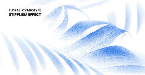 Blue floral cyanotype background with stipplism effect elegant tropical palm leaves illustration with halftone dot texture isolated on white background © MDMahmudul