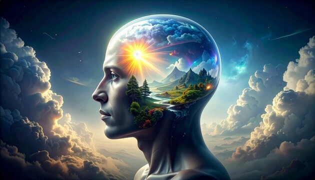Surreal Human Mind Concept with Fantasy Landscape Inside Head and Cosmic Sky