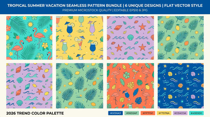Tropical Summer Vacation Seamless Patterns.