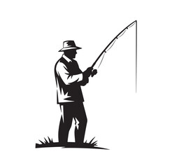 Naklejka premium Silhouette of a man fishing with a rod wearing a hat and standing on grass classic angler activity graphic leisure time fisherman