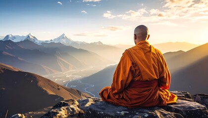 Fototapeta premium Buddhist monk meditating on mountain peak.