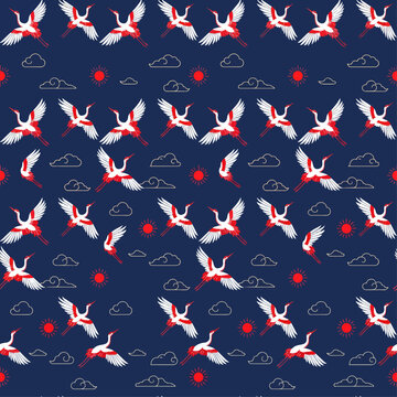 Japanese Seamless Pattern with Flying Cranes Red Sun and Clouds