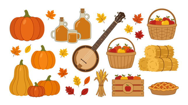 Pumpkins and apple cider jugs with banjo vector elements for traditional autumn harvest festival promotion and thanksgiving community market