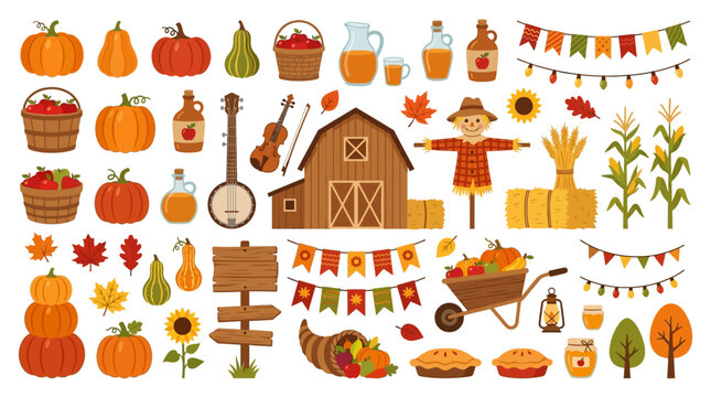Pumpkins and apple cider jugs with banjo vector elements for traditional autumn harvest festival promotion and thanksgiving community market