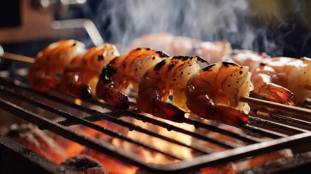 Fresh shrimp skewers grilling on an open fire with melting butter