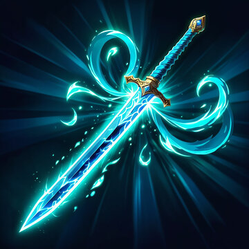 A radiant blue sword, imbued with magical energy, glows intensely against a dark backdrop.