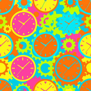 Seamless pattern of colorful clocks and gears in vibrant pop art style