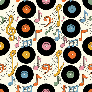 Colorful Music Notes and Vintage Vinyl Records Seamless Background