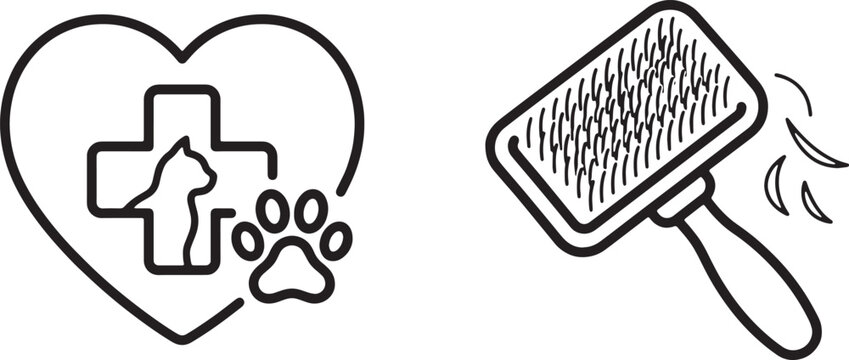 Art & Illustration, Pet Heart Health Care Cross and Grooming Slicker Brush Outline Icons