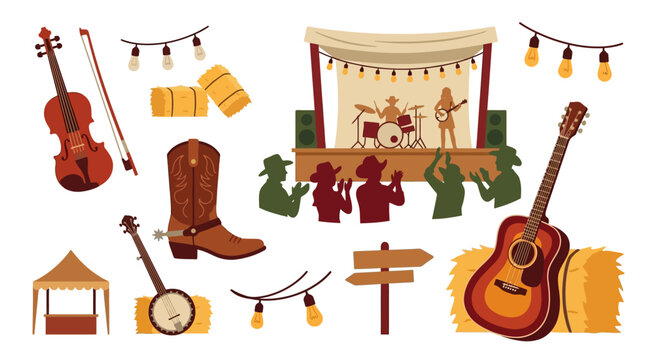 Fiddle and cowboy boot with acoustic guitar vector elements for traditional country music festival posters and western heritage events