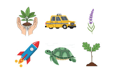 A collection of diverse vector illustrations featuring nature, technology, and urban elements with hands, plants, a rocket, a turtle, and a taxi
