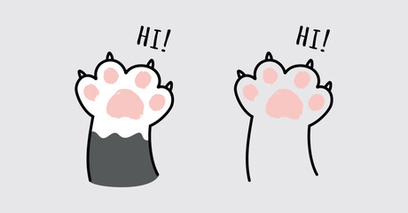 cute cat paw hi gesture line art vector illustration - pet animal hello wave hand finger clip art - bye doodle drawing sticker © Numrah