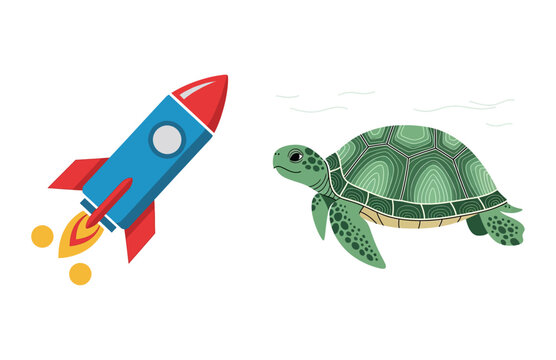A fast rocket spaceship soaring through the sky next to a slow-moving sea turtle swimming in the ocean