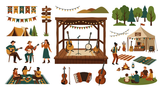 Acoustic guitar and banjo on small wooden stage vector elements for folk music festival branding and outdoor concert promotion