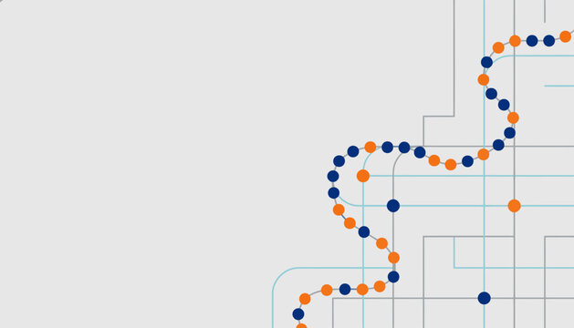 Abstract subway map with blue and orange dots representing stations on a light grey background
