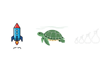 A rocket launching, a turtle swimming, and vases lined up in a row