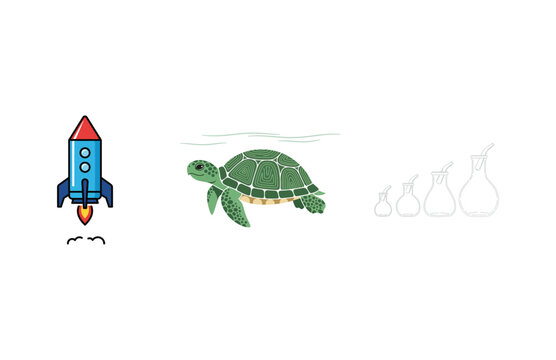 A rocket launching, a turtle swimming, and vases lined up in a row
