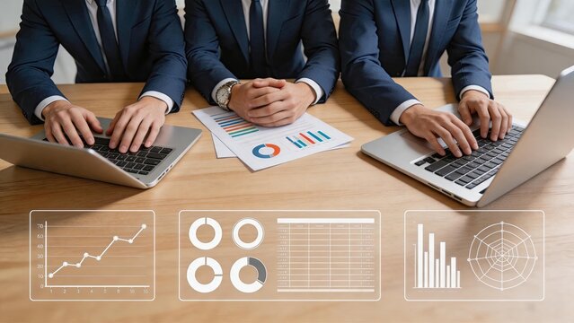 Business team analyzing financial charts and data on laptops, corporate meeting with graphs and statistics displayed on wooden table surface.