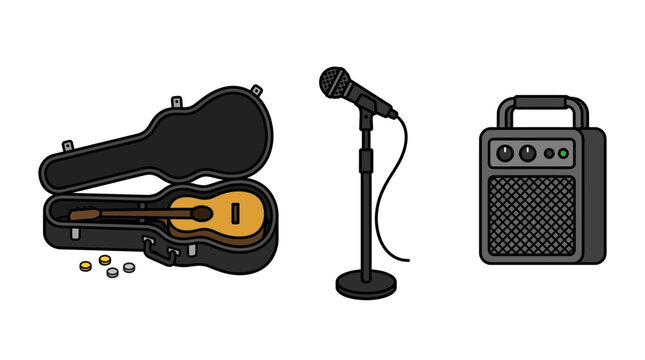 Guitar case with coins and microphone stand vector icon bundle for street music performer marketing and busking event promotions
