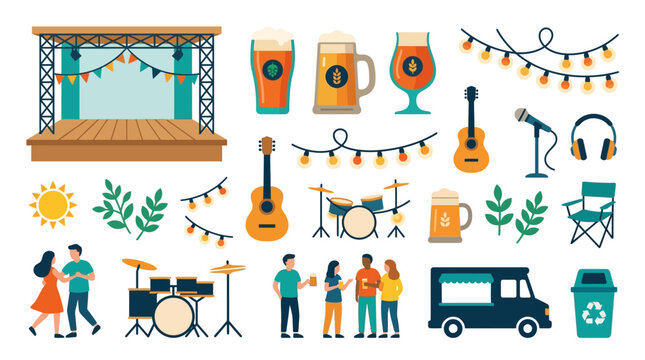 Craft beer mugs and simple outdoor stage with string lights for local summer concert advertising and outdoor beer garden branding