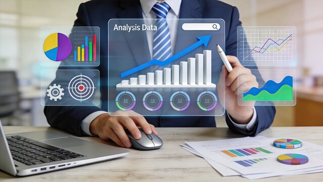 Business man analyzing data charts and graphs on virtual screen, financial report presentation, corporate strategy planning, economic growth trend visualization, professional