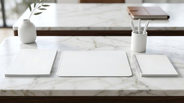 Blank white desk mat mousepad mockup on marble surface with stationery supplies for branding and professional display