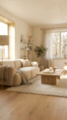 Fototapeta premium Modern living room interior with beige sofa, wooden coffee table, and soft rug in a bright, minimalist home setting