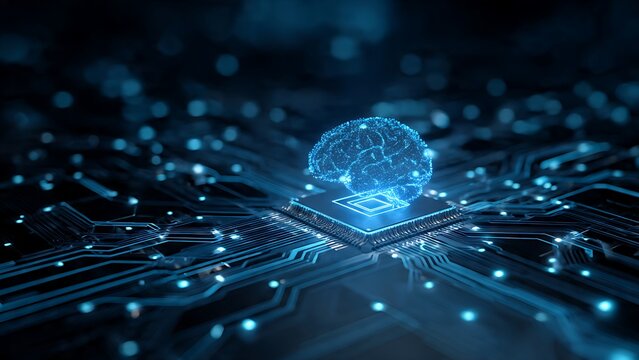 Glowing digital neural network brain floating above a high tech computer processor chip on a dark circuit board background representing future artificial intelligence