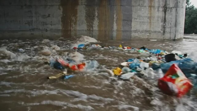Flooded Canal with Plastic Waste