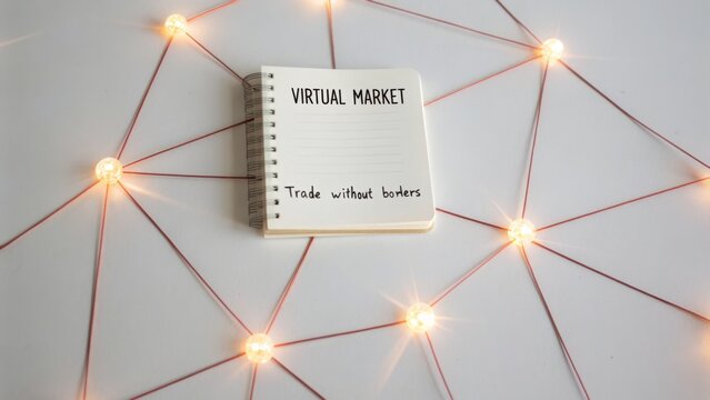 Notepad with the title Virtual Market positioned on a creative web of lights, showcasing the concept of borderless trading and online commerce opportunities.