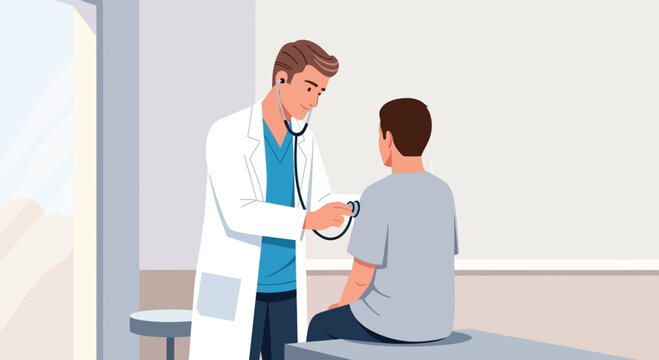 Doctor examining young patient with stethoscope in clinic room
