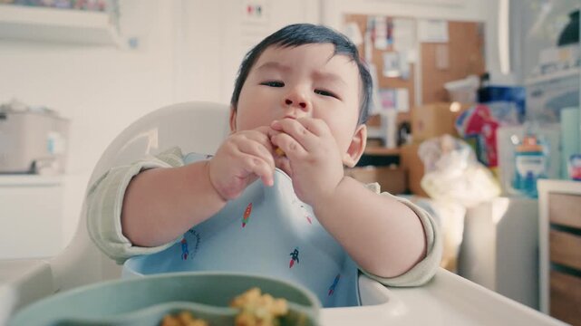 Asian Baby Using Finger to Feed Herself a Food with Baby Led Weaning Concept.Cute Asian baby boy eating finger food in high chair.	