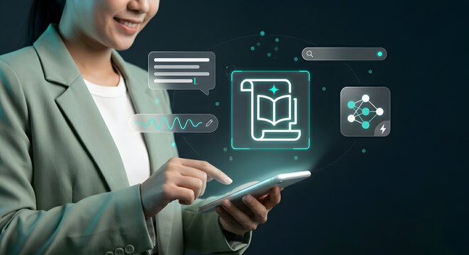 Smiling businesswoman using smartphone with AI content generation for writing research summarization voice input search and knowledge base learning platform and neural network assistant