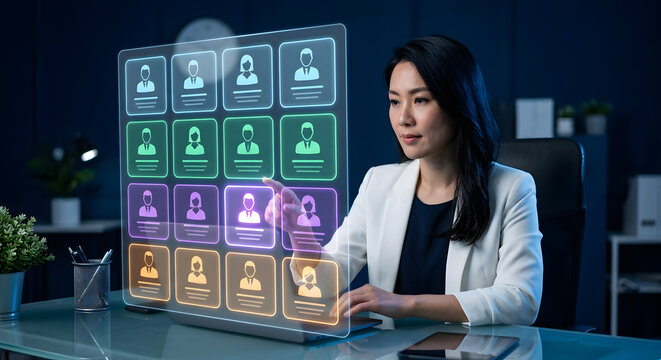 Asian businesswoman selecting candidate on holographic HR dashboard for talent management recruitment employee database and workforce planning with digital HR technology platform and AI