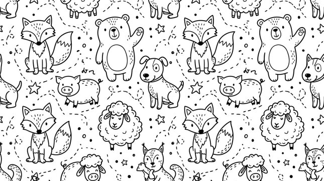 Black and white cartoon forest animals.