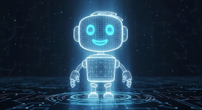 Neon digital robot character hologram glowing in dark futuristic space with sci fi hologram futuristic technology