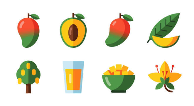 Colorful mangoes and related elements illustration in flat style
