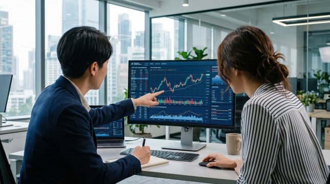 Two business professionals discussing stock market trends and candlestick charts on computer monitor in bright office environment